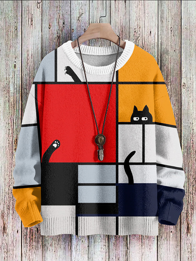 Men's Colorblock Mondrian Cat Print Casual Knit Crew Neck Sweater