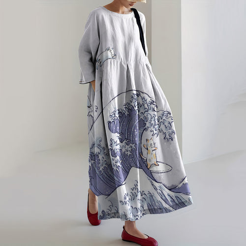 Cozy Cat Surfing Of The Great Waves Linen Blend Casual Maxi Dress