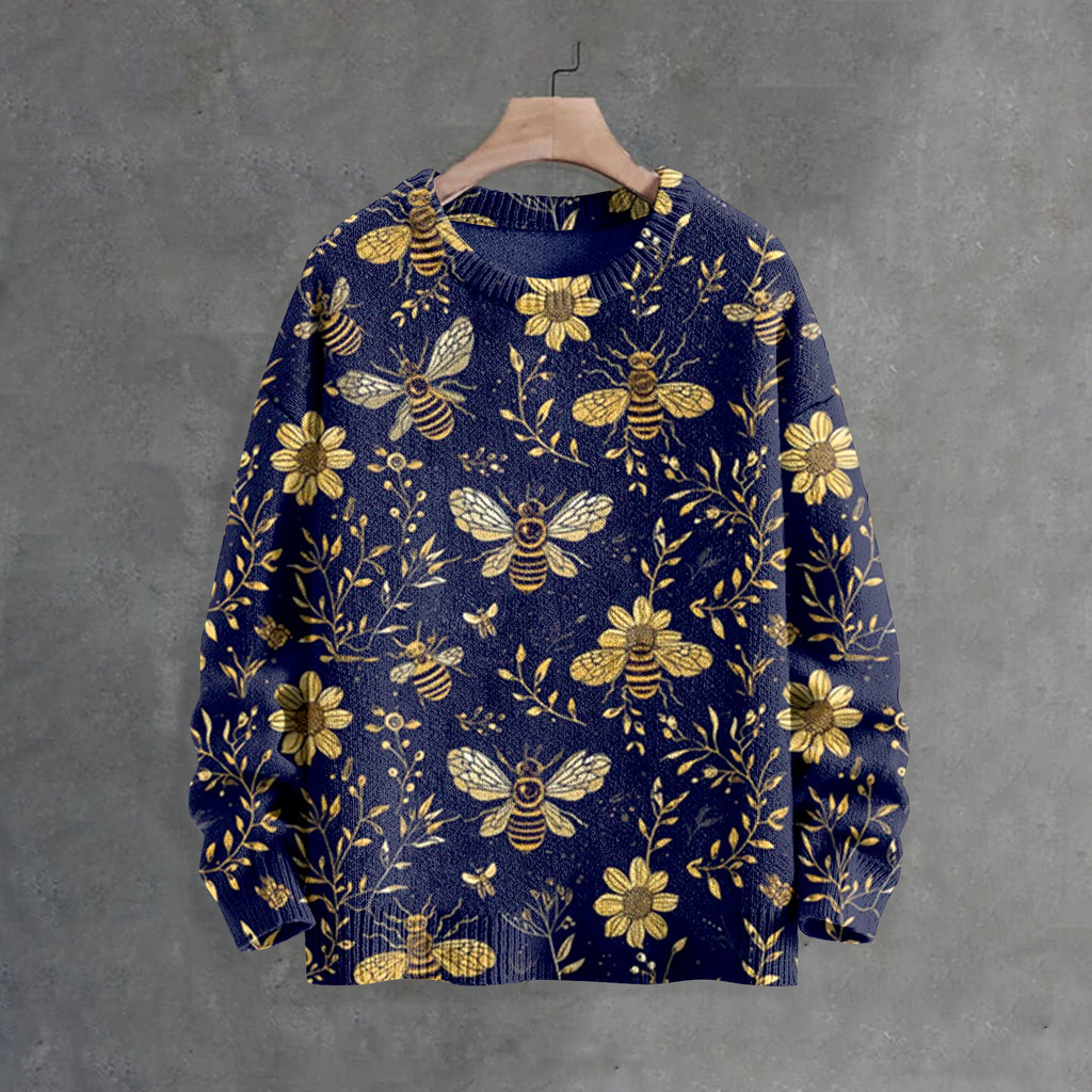 Men's Bees And Flowers Botanical Art Print Casual Knit Crew Neck Sweater