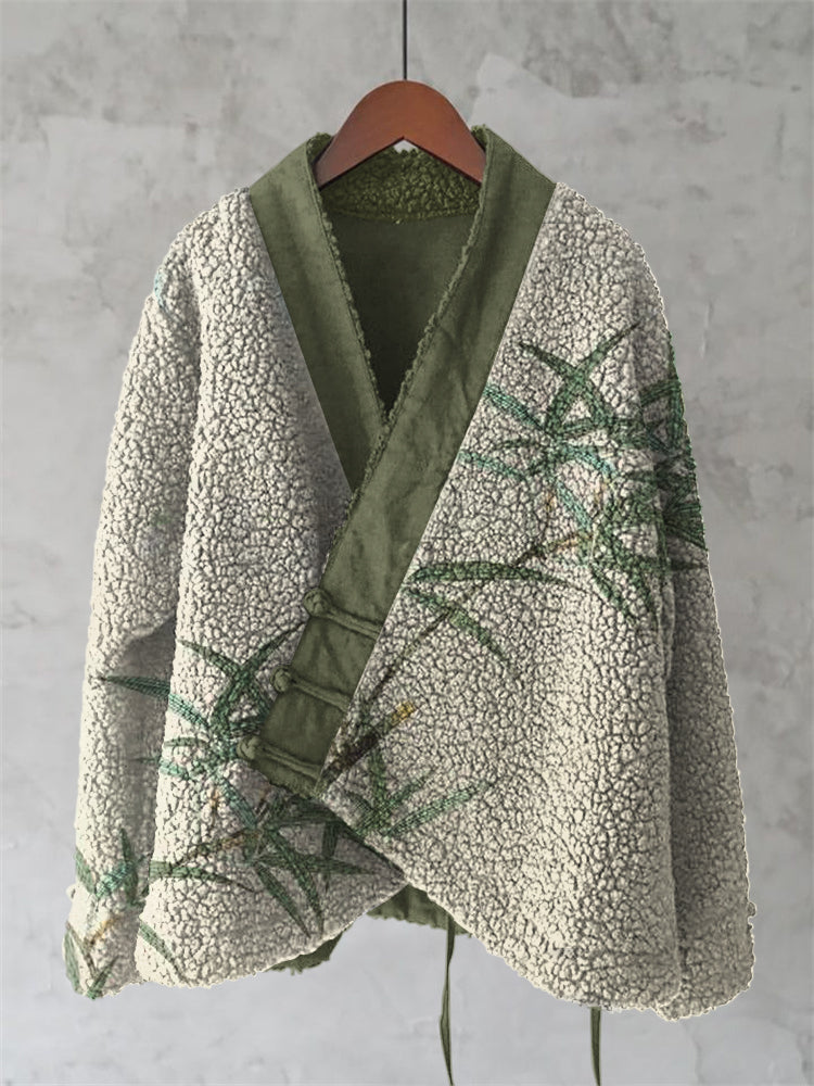 Vintage Bamboo Japanese Art Cozy Fleece Kimono Cardigan