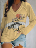 Women's Japanese Cranes Cherry Blossoms Print V Neck Long Sleeve T-Shirt