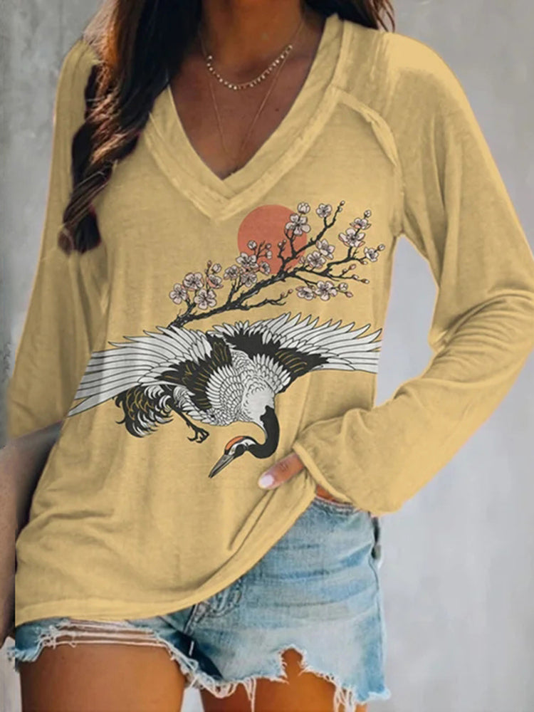 Women's Japanese Cranes Cherry Blossoms Print V Neck Long Sleeve T-Shirt