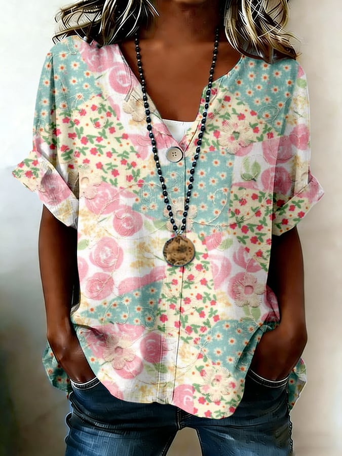 Women's Vintage Botanical Floral Art Print Button-Up Shirt
