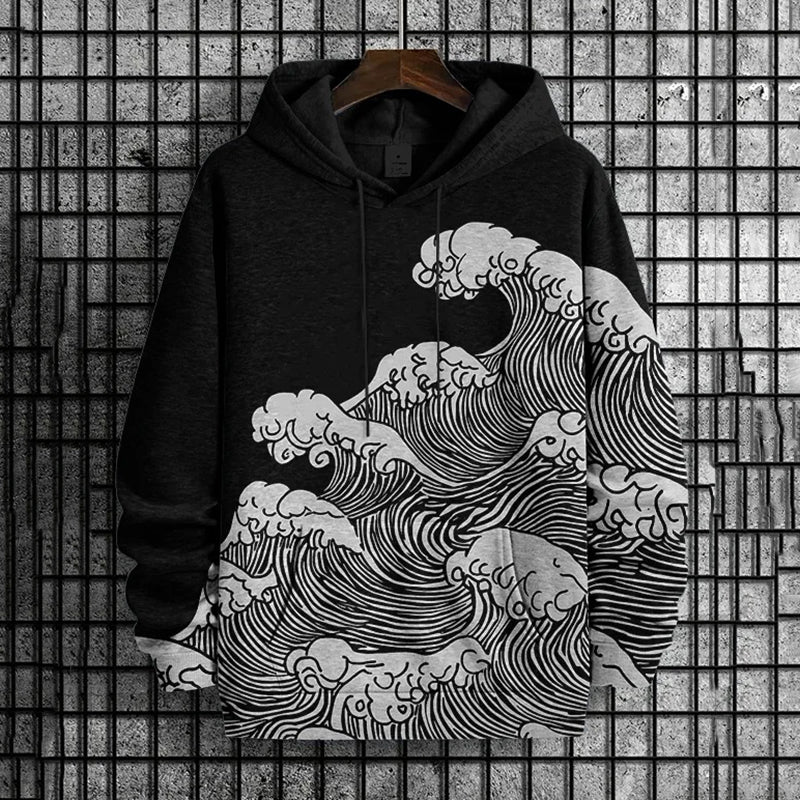 Men's Ocean Wave Japanese Woodblock Print Casual Hoodie
