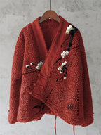 Japanese Plum Art Cozy Fleece Kimono Cardigan