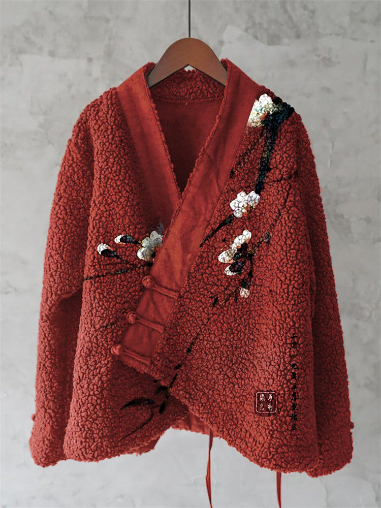 Japanese Plum Art Cozy Fleece Kimono Cardigan