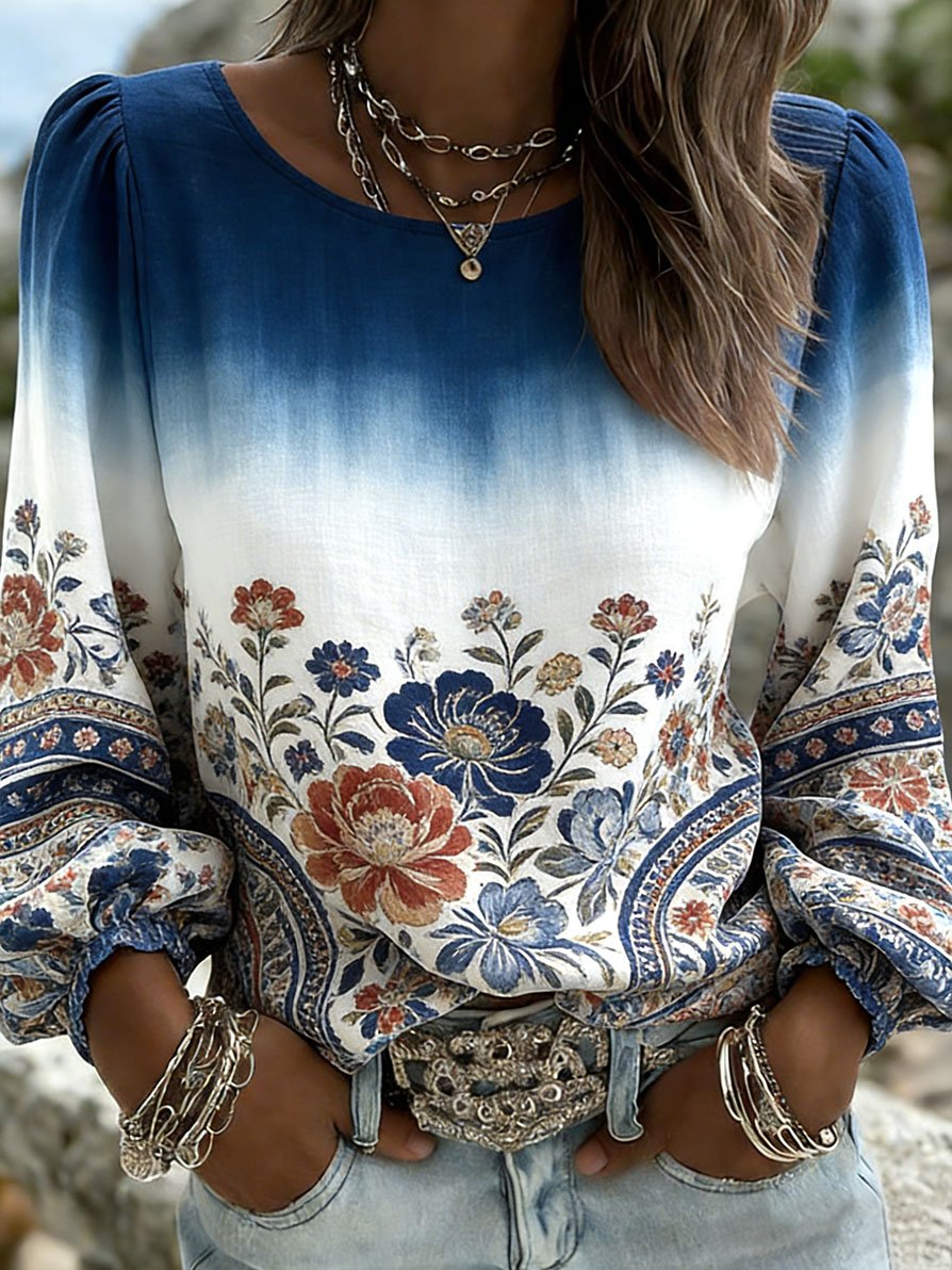 Women's Floral Print Long-Sleeve Linen-Blend Shirt with Round Neck