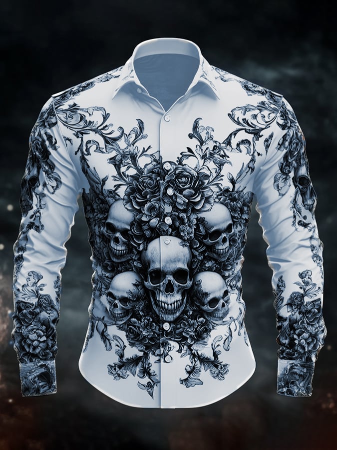 Men's Casual Vintage Brogue Skull Pattern Shirt