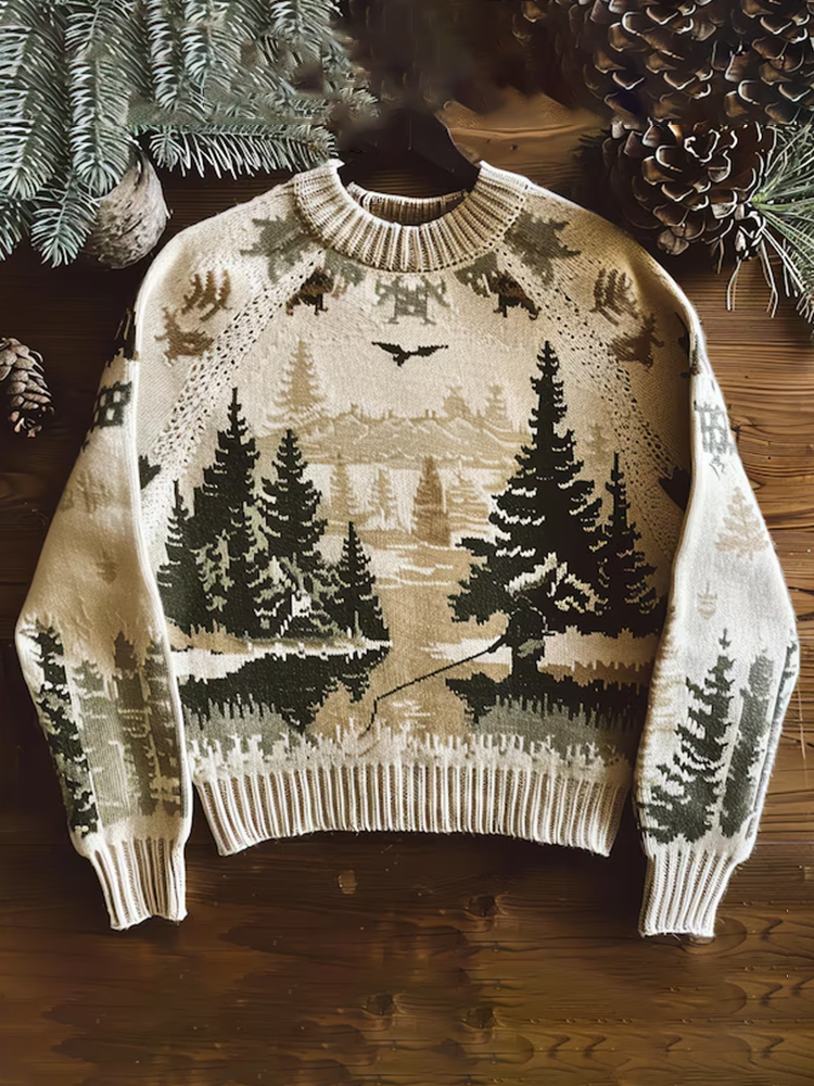 Vintage Mountain Forest Pattern Warmth Knitted Jacquard Unisex Sweater
