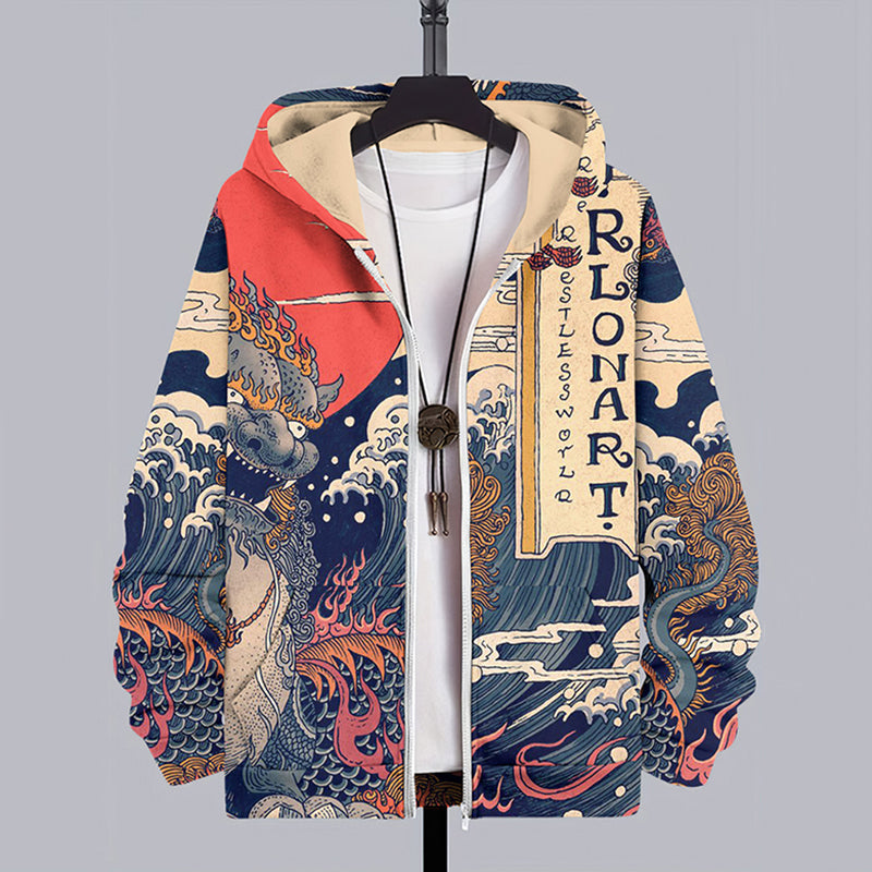 Vintage Japanese Art Wave Print Casual Zip Hoodie