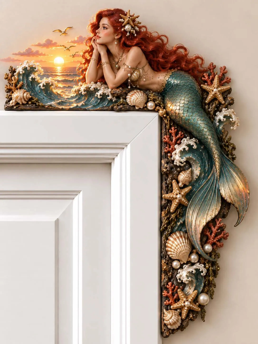 🧜‍♀️ Redhead Mermaid with Seashells and Starfish Door Corner Decor 🐚