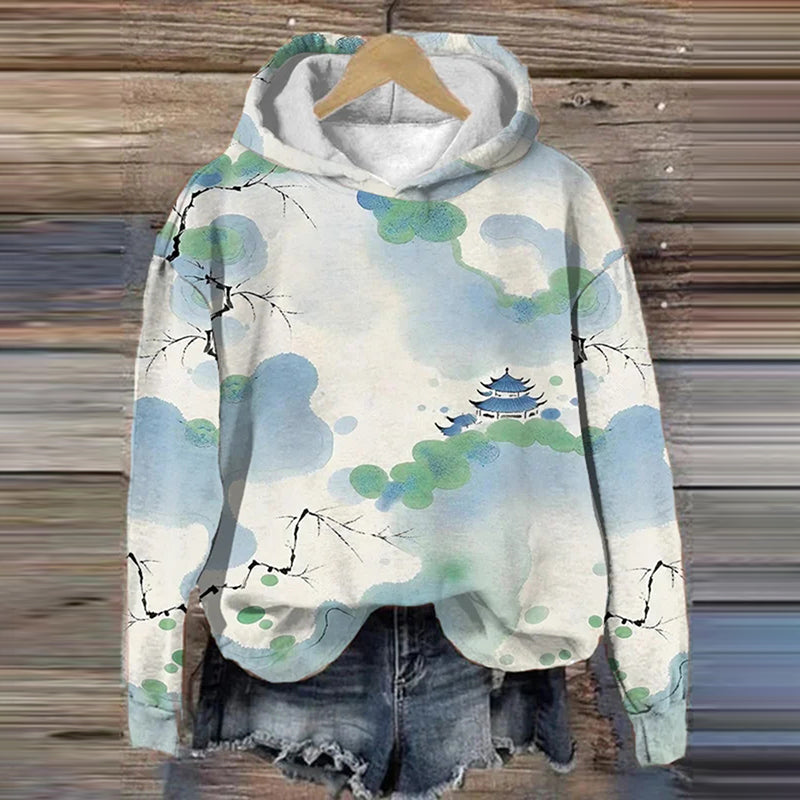 Women's Oriental Japan Watercolor Ink Art Print Casual Hoodie