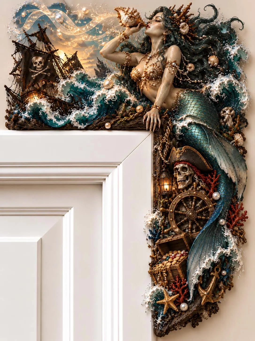 🏴‍☠️ Mermaid Blowing Conch Horn with Pirate Ship Door Corner Decor