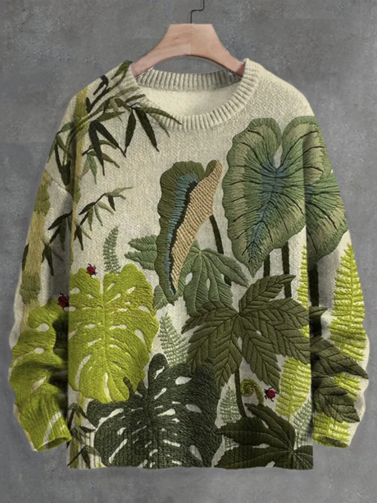 Men's Leaf Embroidery Art Print Casual Knit Crew Neck Sweater