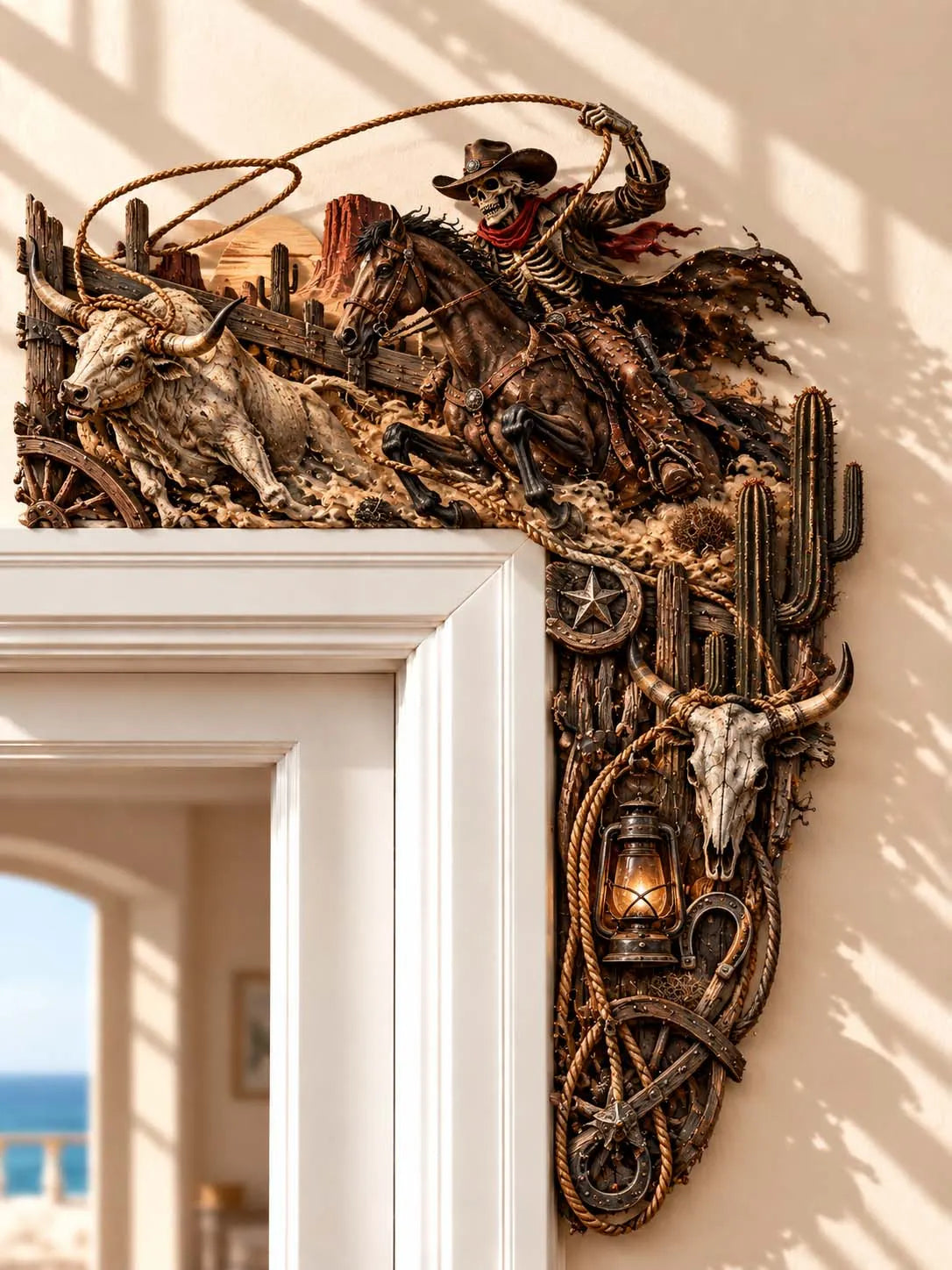 🤠 Western Cowboy Skeleton & Bull Roping Door Corner Decor