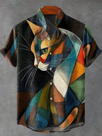 Men's Cat Abstract Art Print Linen Blend Cozy Shirt