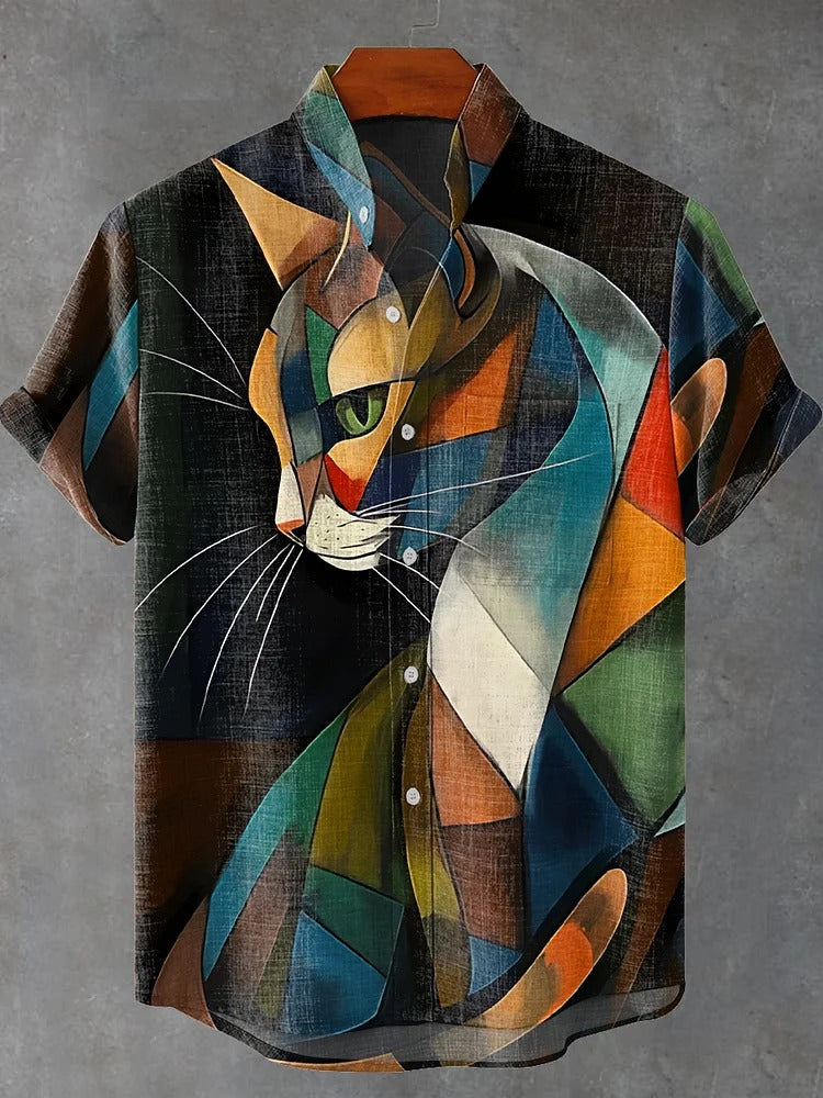 Men's Cat Abstract Art Print Linen Blend Cozy Shirt
