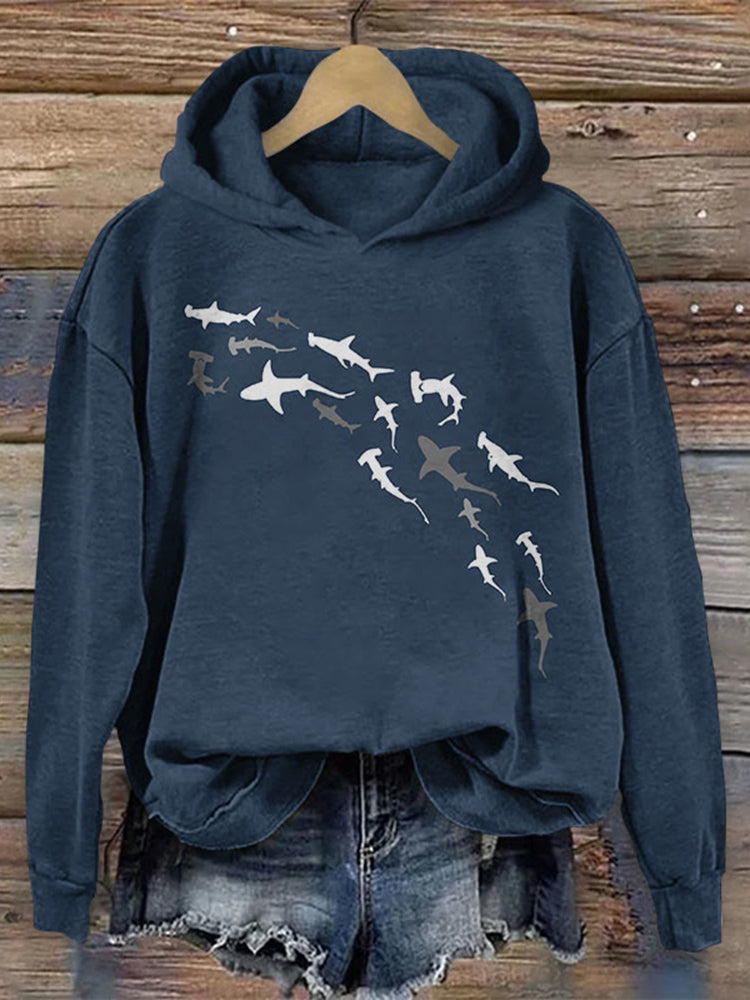 Shark Print Casual Long Sleeve Hoodie