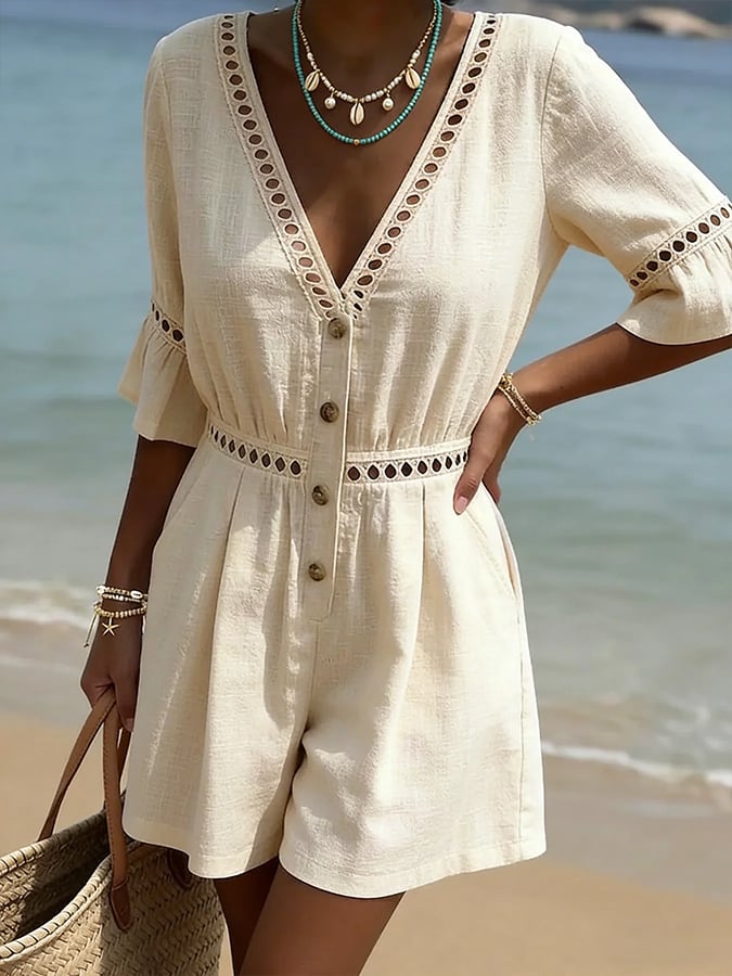 Women's Casual V-Neck Cutout Patchwork Jumpsuit