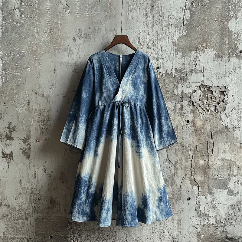 Women's Japanese Traditional Art Indigo Tie-dye Cozy V-neck Dress