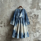 Women's Japanese Traditional Art Indigo Tie-dye Cozy V-neck Dress