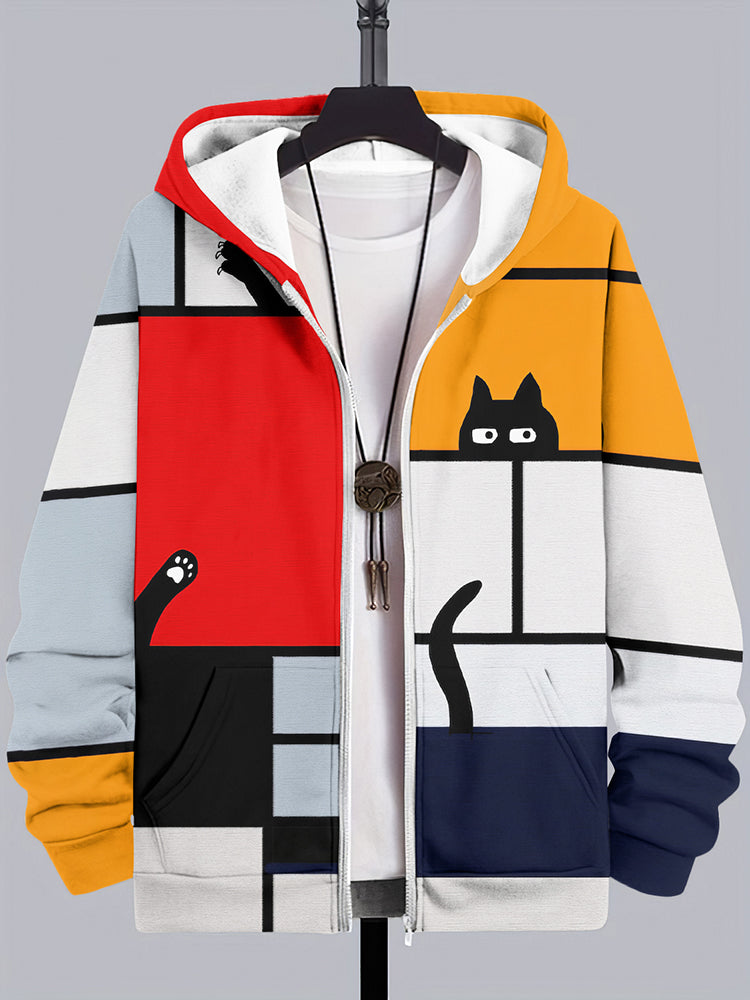 Vintage Colorblock Mondrian Cat Print Casual Zip Hoodie
