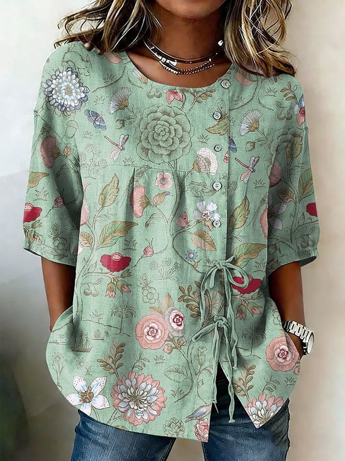 Women's Retro Floral Button Lace Up Tie Shirt