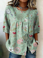 Women's Retro Floral Button Lace Up Tie Shirt