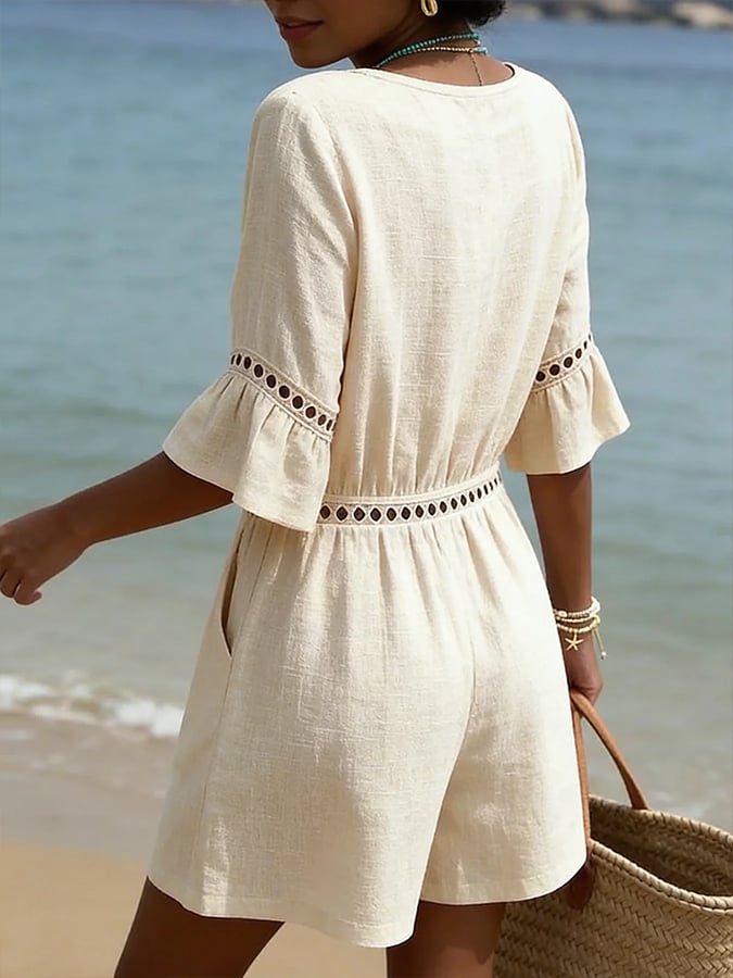 Women's Casual V-Neck Cutout Patchwork Jumpsuit