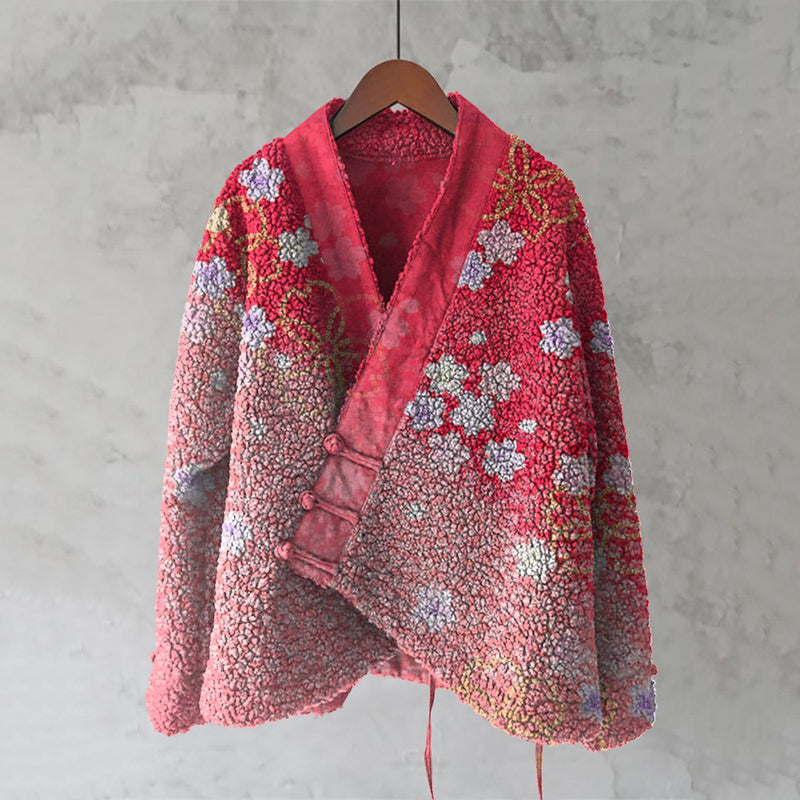 Japanese Style Cherry Blossom Gradient Art Plush Cardigan