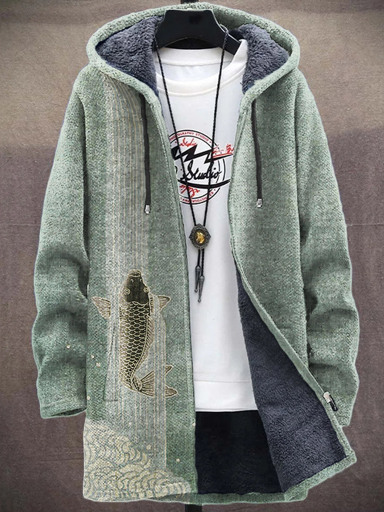Men's Upstream Carp Japanese Art Cozy Hooded Cardigan