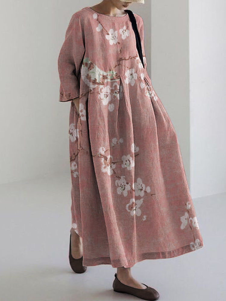 Bird on Plum Blossom Branches Japanese Linen Blend Maxi Dress