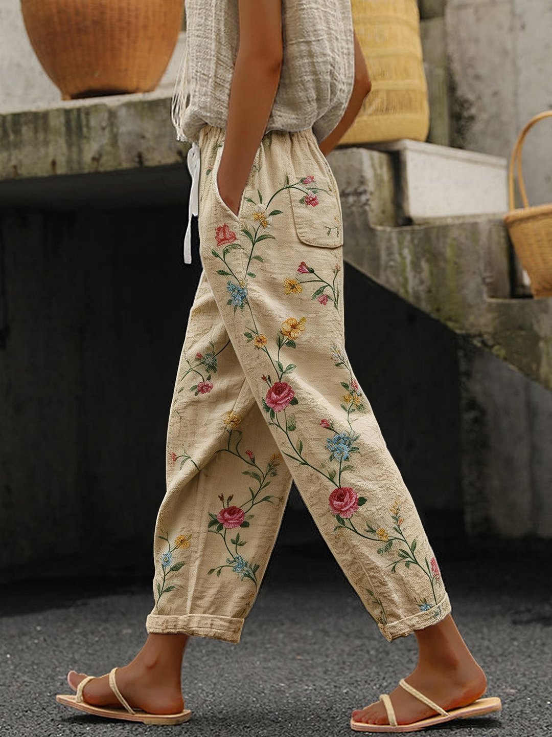 Women's Casual Vintage Floral Cotton and Linen Pants (With Pockets)