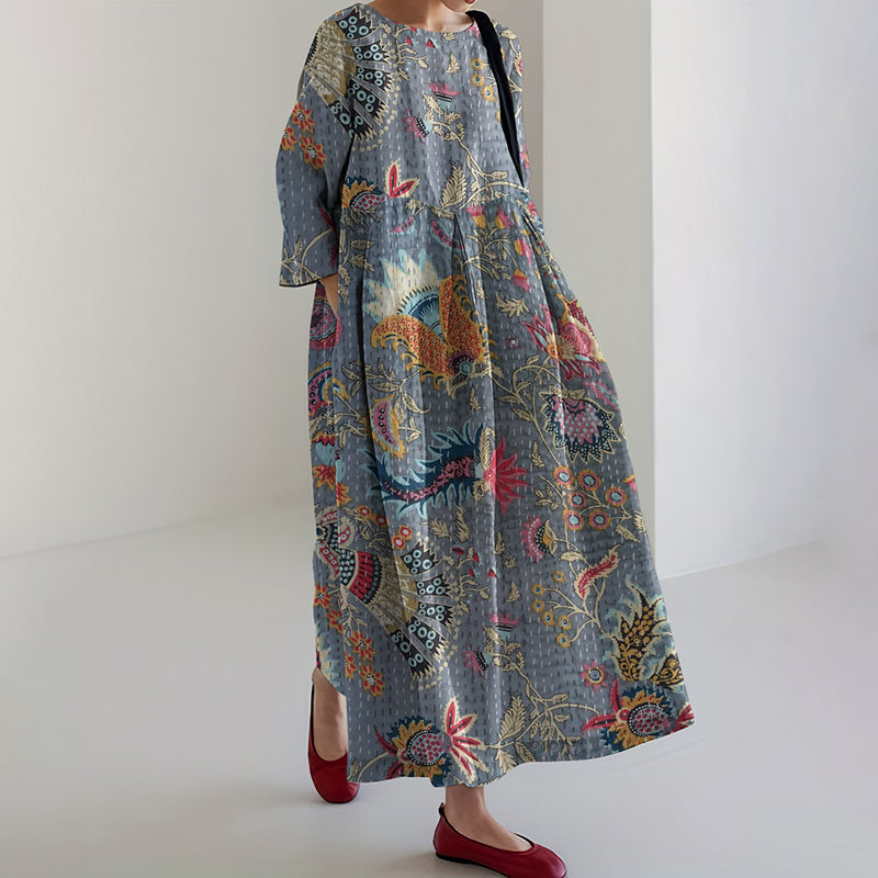 Vintage Japanese Art Flower Print Midi Dress