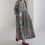Vintage Japanese Art Flower Print Midi Dress