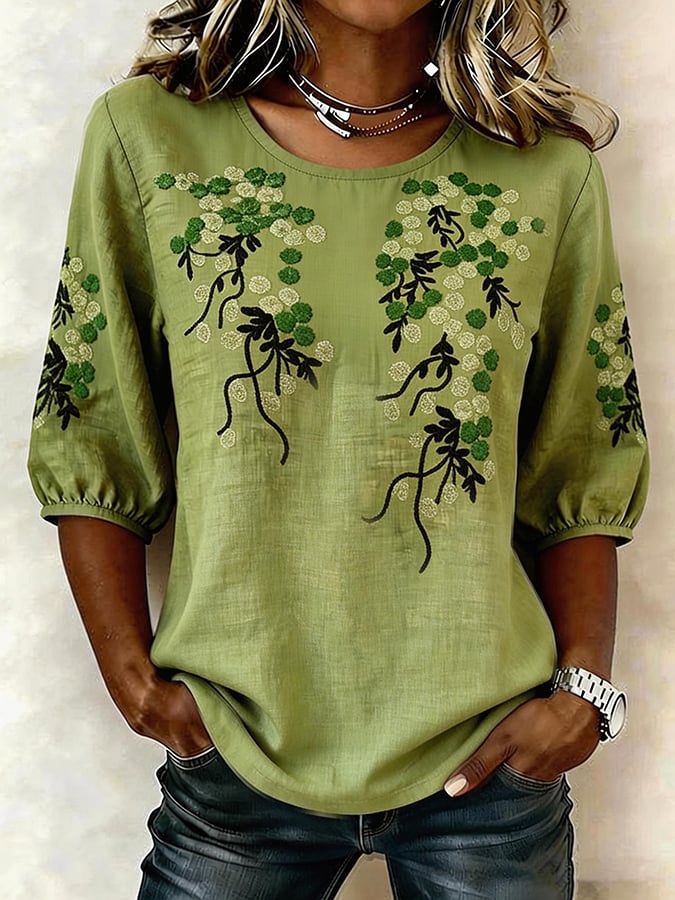 Women'S Cotton And Linen Art Print Top