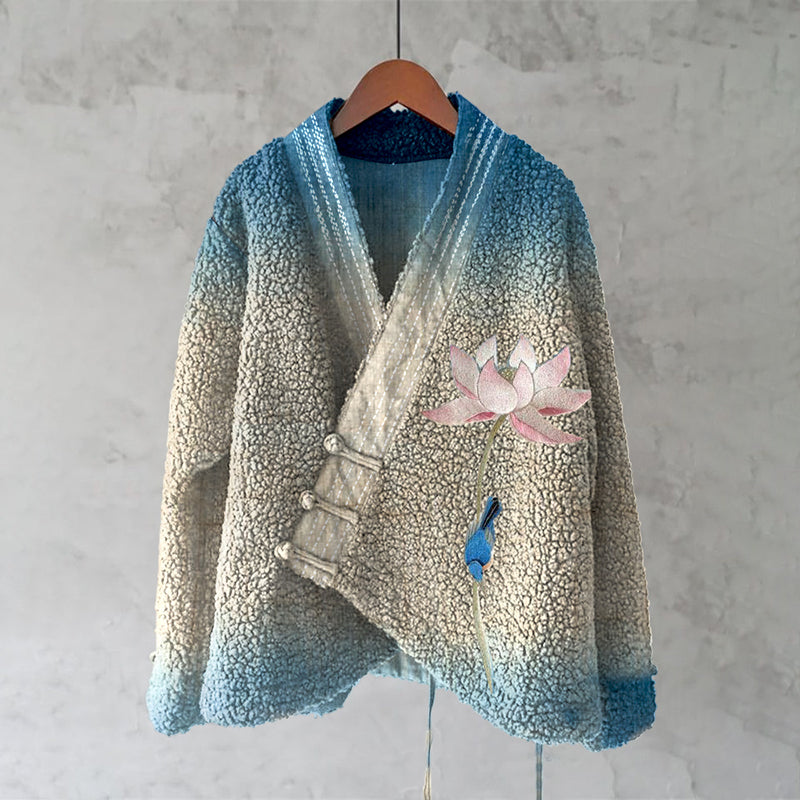 Japanese Style Gradient Lotus And Bird Embroidery Inspired Design Kimono