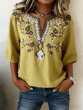 Women's Retro Floral Embroidered Cotton Linen V-Neck Blouse