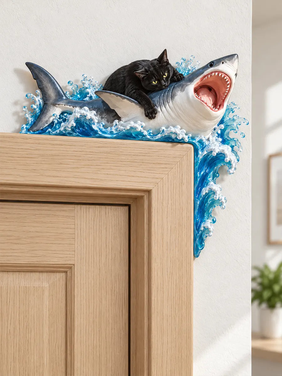 Funny Black Cat Riding Shark Door Frame Corner Decor