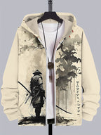 Men's Retro Japanese Samurai Ink Painting Art Casual Hooded Zip Up Jacket