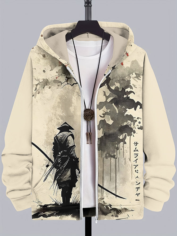 Men's Retro Japanese Samurai Ink Painting Art Casual Hooded Zip Up Jacket