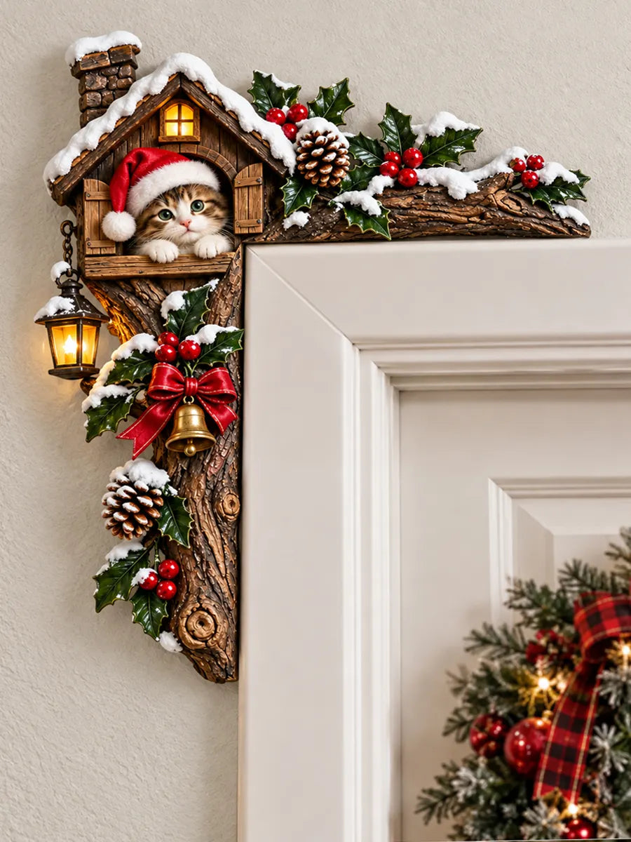 Christmas Cat Wooden Door Corner Decor