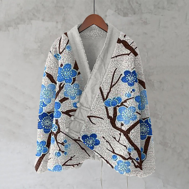 Japanese Style Blue Embroidery Print Women'S Kimono Cardigan