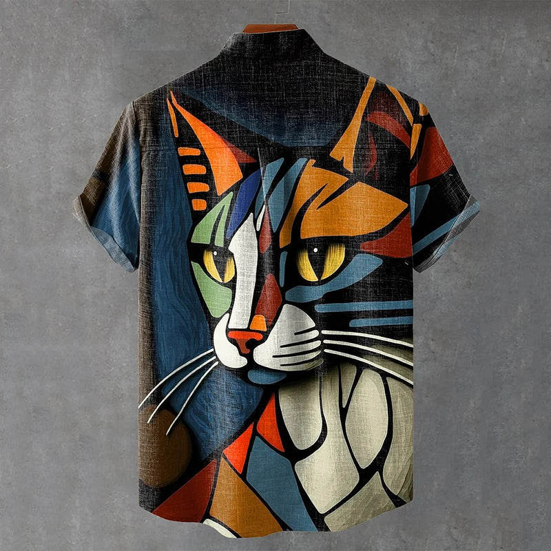 Cat Abstract Art Print Linen Blend Cozy Shirt