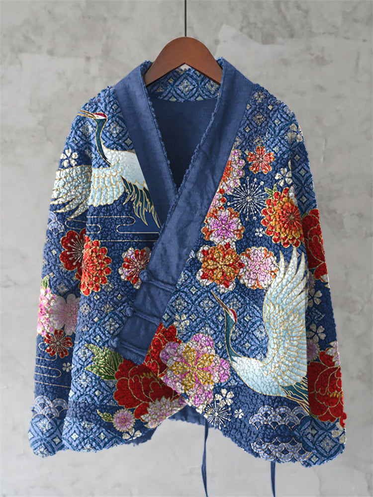 Retro Crane Spring Japanese Art Cozy Fleece Kimono Cardigan