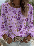 Women's Casual Purple Floral Print Long-Sleeved Top