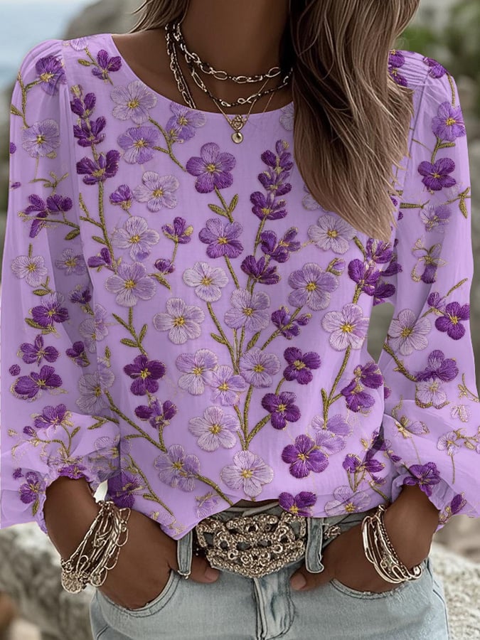 Women's Casual Purple Floral Print Long-Sleeved Top