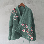 Cherry Blossom Branch Machine Embroidery Pattern Women's Plush Kimono Cardigan