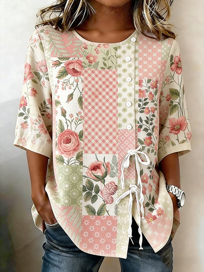 Women's Retro Floral Button Lace Up Tie Shirt