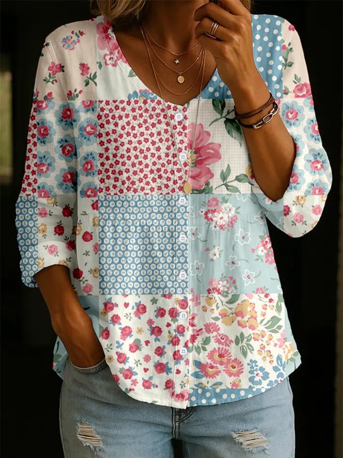 Women's Retro Floral Art Print Button-Up Shirt